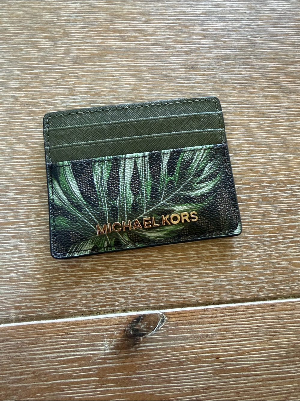 Michael Kors Olive Green Palm-Print Leather Card Holder with Gold Logo
